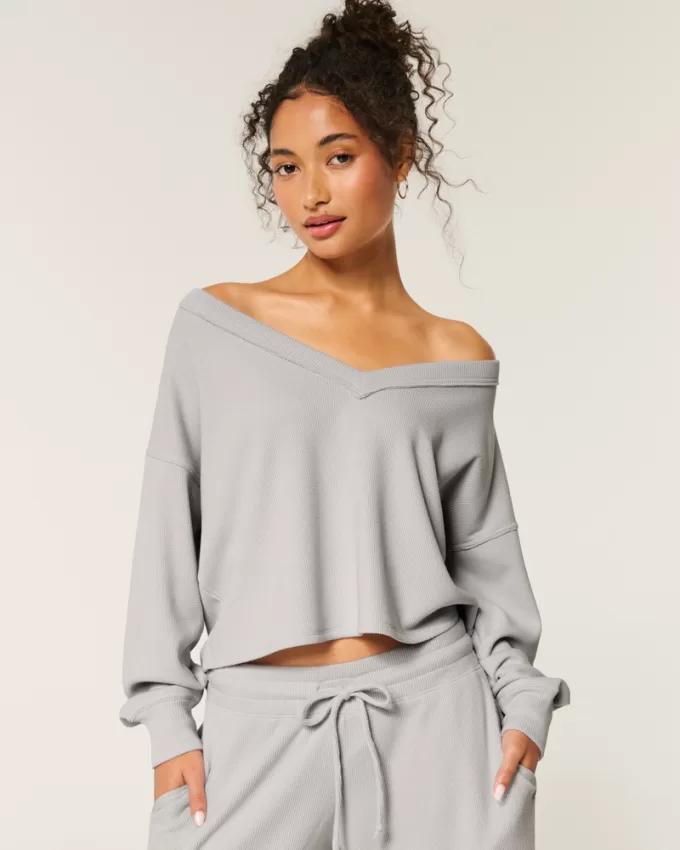 Gilly Hicks Cozy Waffle Off-the-Shoulder V-Neck Top,Gilly Hicks Cozy Waffle Off-the-Shoulder V-Neck Top