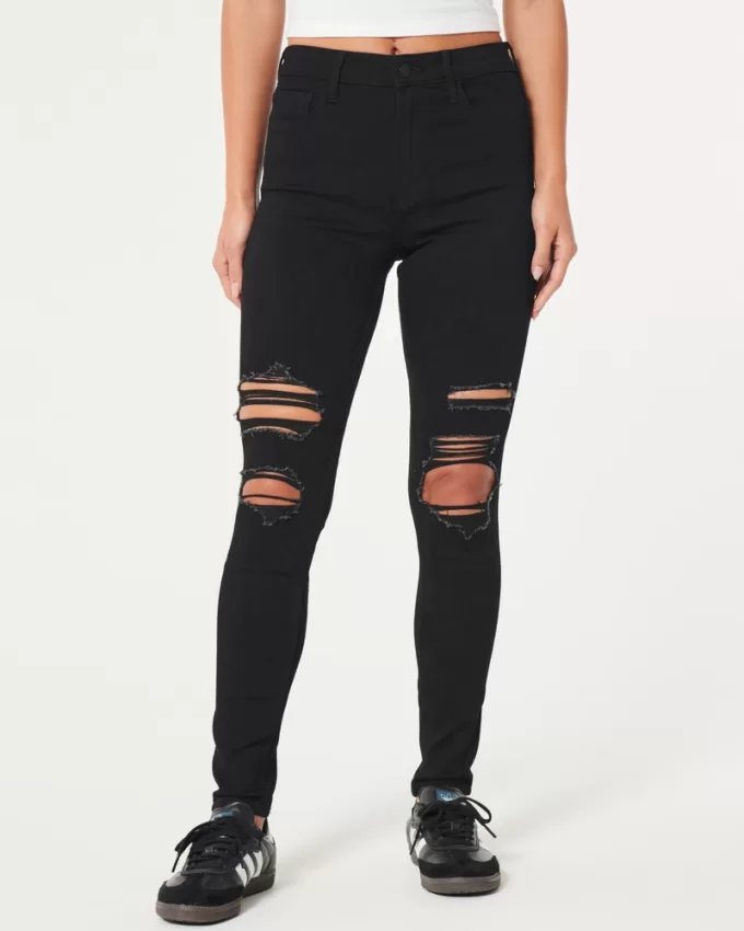 High-Rise Ripped Black Super Skinny Jeans,High-Rise Ripped Black Super Skinny Jeans