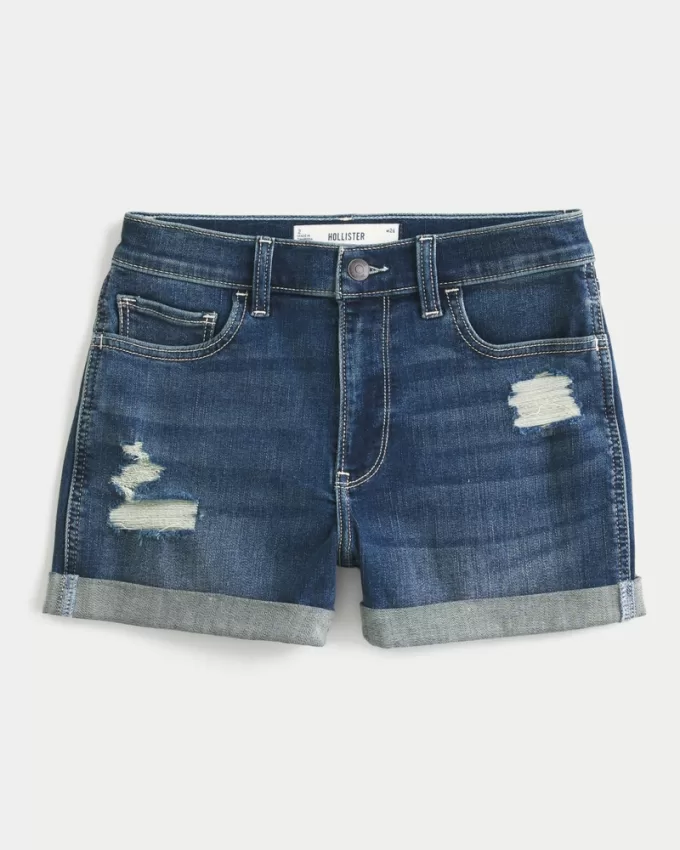 High-Rise Ripped Dark Wash Denim Shortie Shorts,High-Rise Ripped Dark Wash Denim Shortie Shorts
