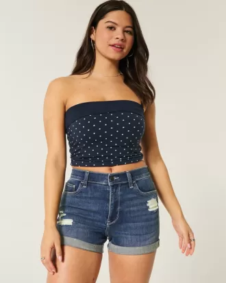High-Rise Ripped Dark Wash Denim Shortie Shorts,High-Rise Ripped Dark Wash Denim Shortie Shorts