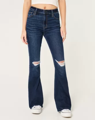 High-Rise Ripped Dark Wash Flare Jeans,High-Rise Ripped Dark Wash Flare Jeans
