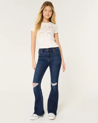 High-Rise Ripped Dark Wash Flare Jeans,High-Rise Ripped Dark Wash Flare Jeans