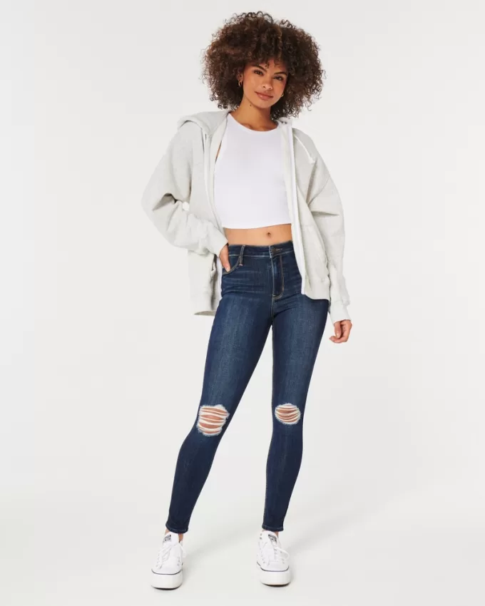 High-Rise Ripped Dark Wash Jean Leggings,High-Rise Ripped Dark Wash Jean Leggings