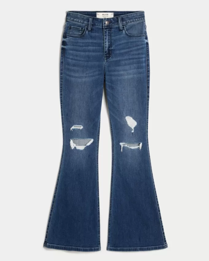 High-Rise Ripped Medium Wash Flare Jeans,High-Rise Ripped Medium Wash Flare Jeans