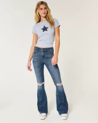 High-Rise Ripped Medium Wash Flare Jeans,High-Rise Ripped Medium Wash Flare Jeans