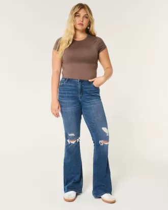 High-Rise Ripped Medium Wash Flare Jeans,High-Rise Ripped Medium Wash Flare Jeans