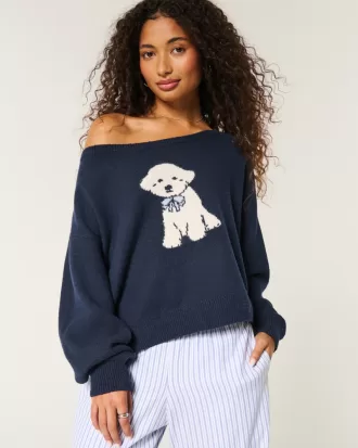 Hollister Comfy Cloud Easy Off-the-Shoulder Puppy Graphic Sweater,Hollister Comfy Cloud Easy Off-the-Shoulder Puppy Graphic Sweater