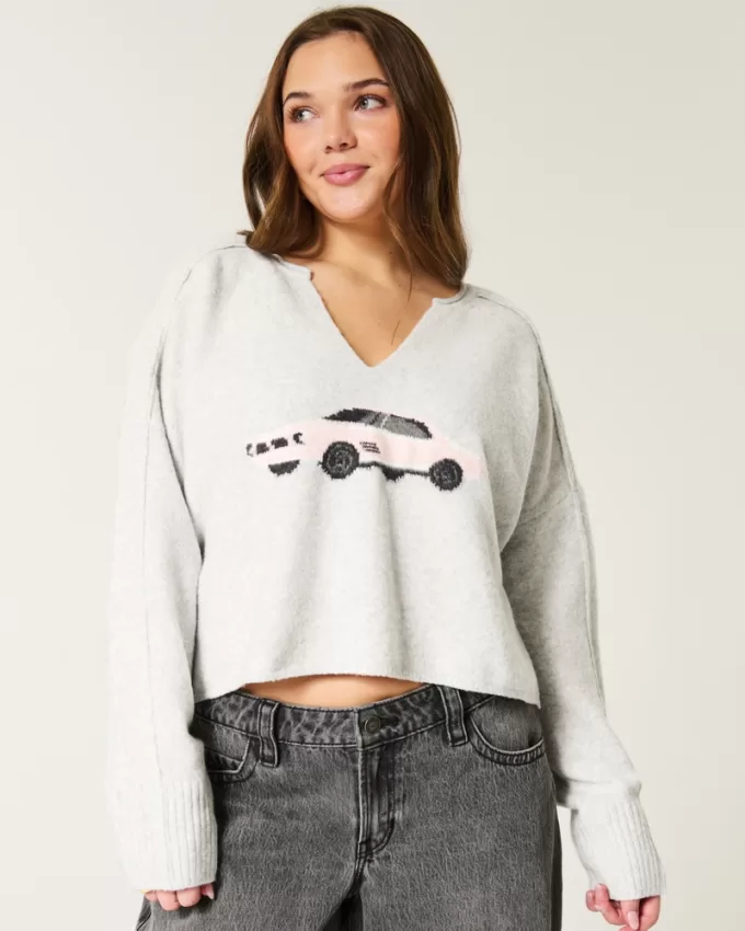 Hollister Comfy Cloud Graphic Notch-Neck Sweater,Hollister Comfy Cloud Graphic Notch-Neck Sweater
