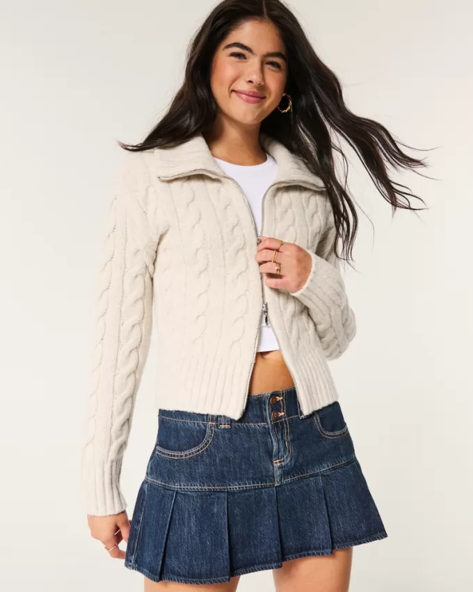Hollister Comfy Cloud Zip-Up Cable-Knit Sweater,Hollister Comfy Cloud Zip-Up Cable-Knit Sweater