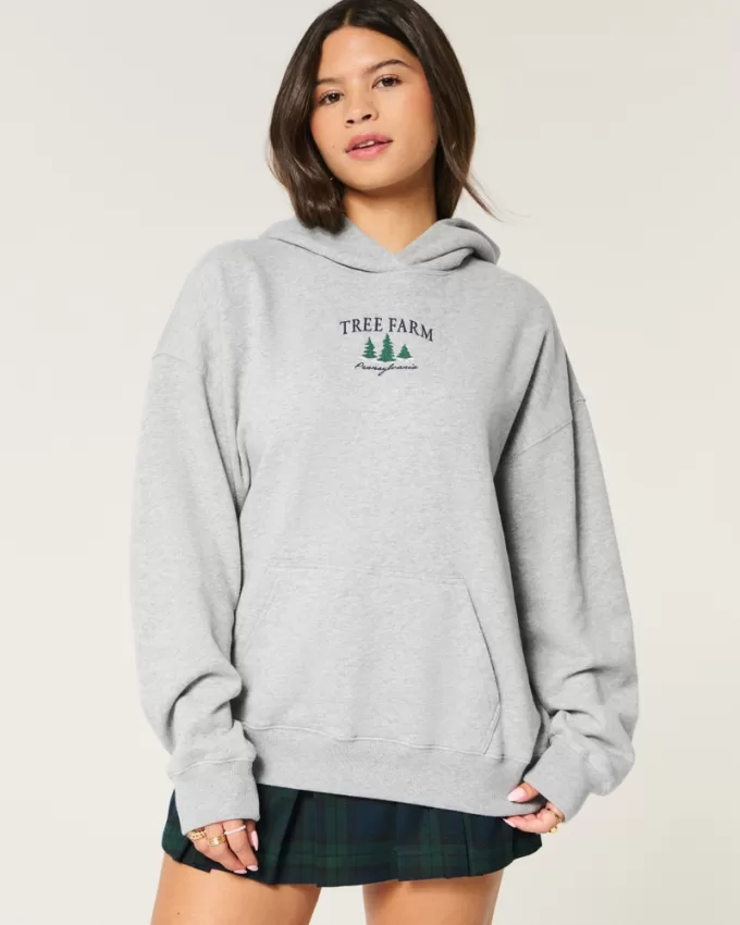 Hollister Feel Good Fleece Pennsylvania Tree Farm Graphic Oversized Hoodie,Hollister Feel Good Fleece Pennsylvania Tree Farm Graphic Oversized Hoodie