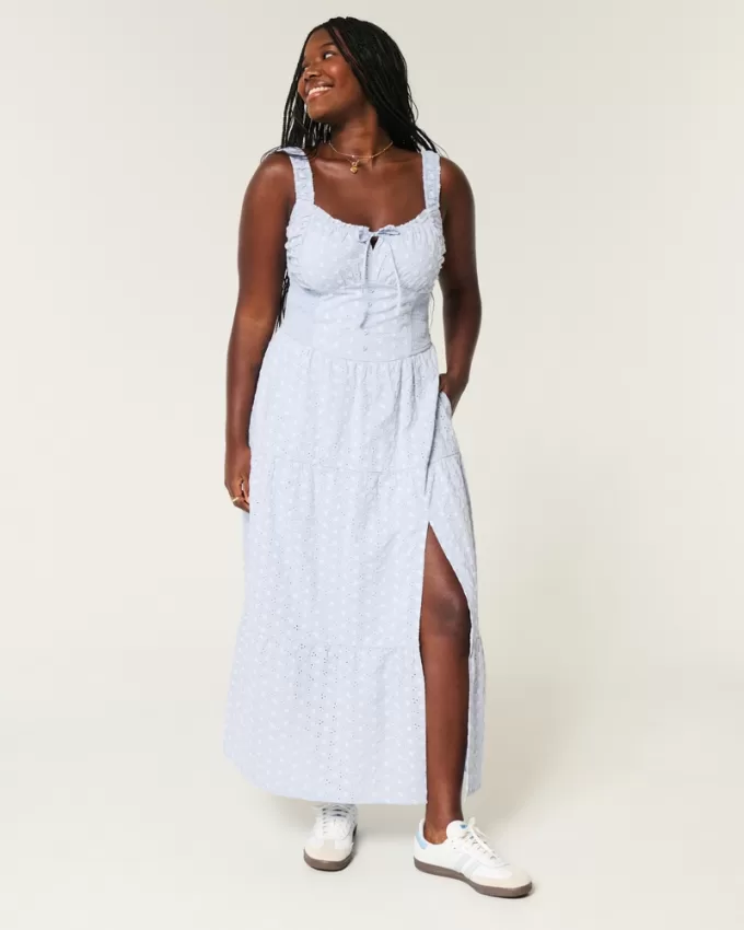 Hollister Sofia Side-Smocked Eyelet Maxi Dress,Hollister Sofia Side-Smocked Eyelet Maxi Dress
