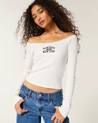 Lace Trim Off-the-Shoulder Montauk Graphic Tee,Lace Trim Off-the-Shoulder Montauk Graphic Tee