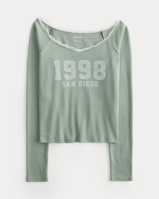 Lace Trim Off-the-Shoulder San Diego Graphic Tee,Lace Trim Off-the-Shoulder San Diego Graphic Tee