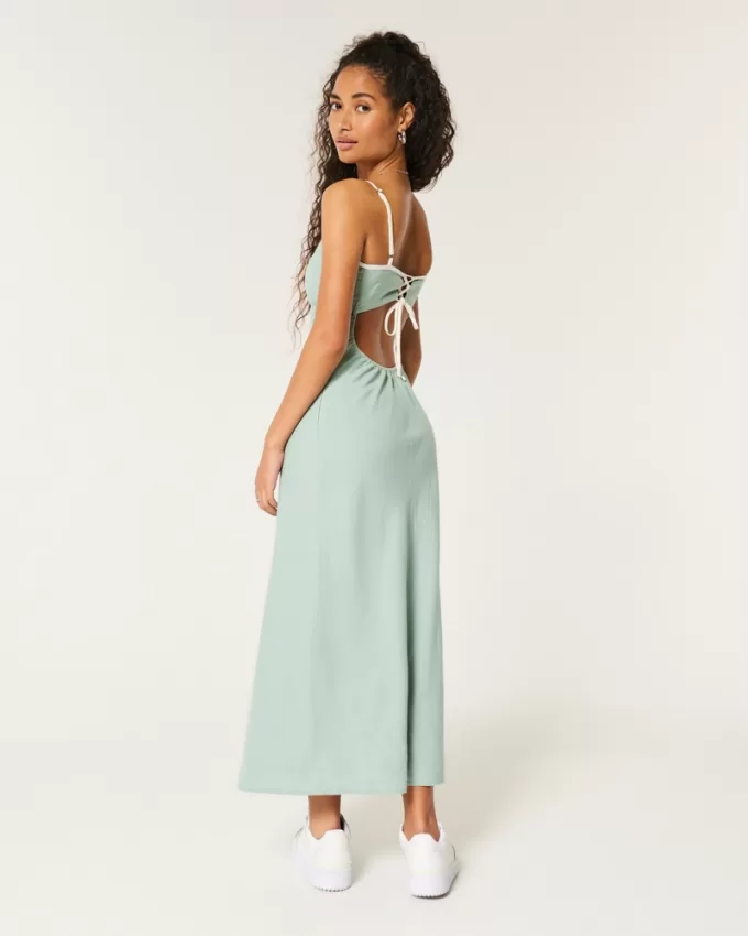 Linen-Blend Open Back Slip Midi Dress,Linen-Blend Open Back Slip Midi Dress