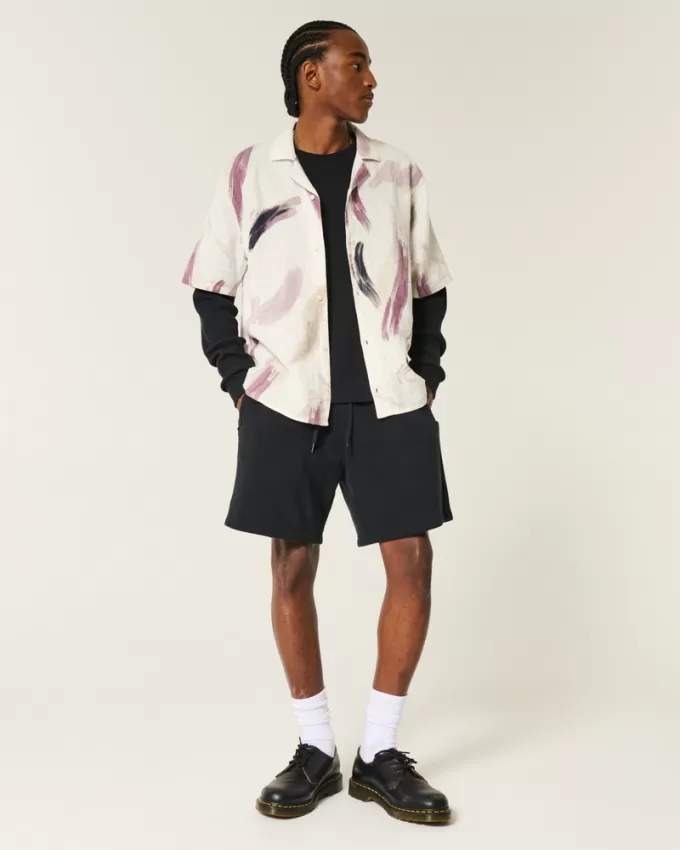 Linen-Blend Short-Sleeve Pattern Shirt,Linen-Blend Short-Sleeve Pattern Shirt