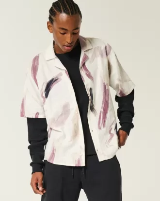 Linen-Blend Short-Sleeve Pattern Shirt,Linen-Blend Short-Sleeve Pattern Shirt