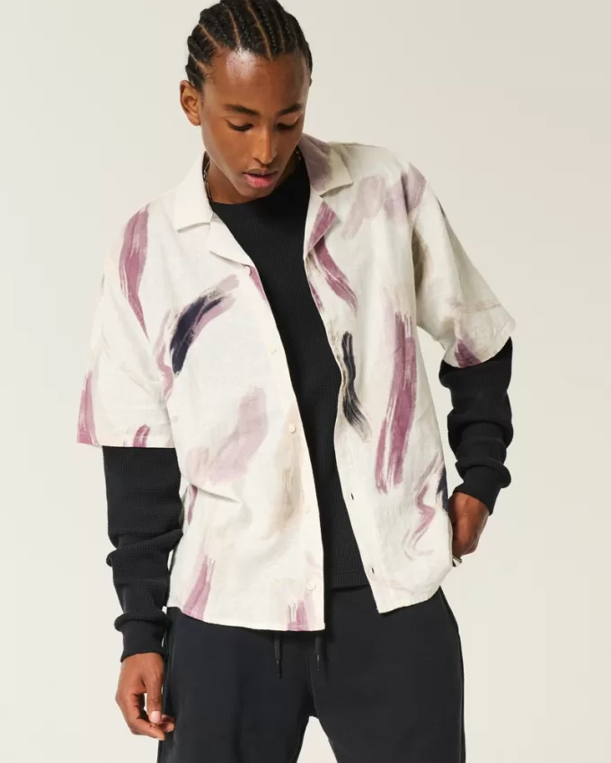 Linen-Blend Short-Sleeve Pattern Shirt,Linen-Blend Short-Sleeve Pattern Shirt