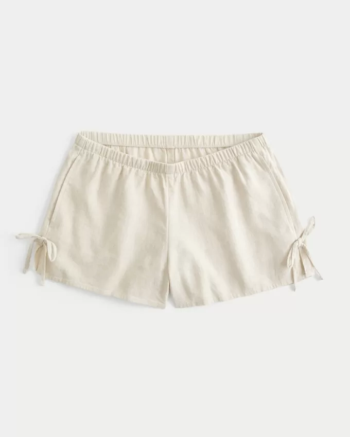 Linen-Blend Side Bow Soft Shorts,Linen-Blend Side Bow Soft Shorts