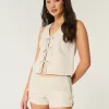 Linen-Blend Side Bow Soft Shorts,Linen-Blend Side Bow Soft Shorts