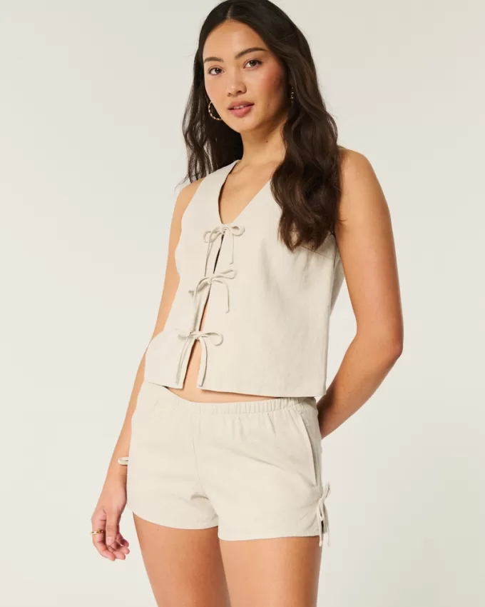 Linen-Blend Side Bow Soft Shorts,Linen-Blend Side Bow Soft Shorts