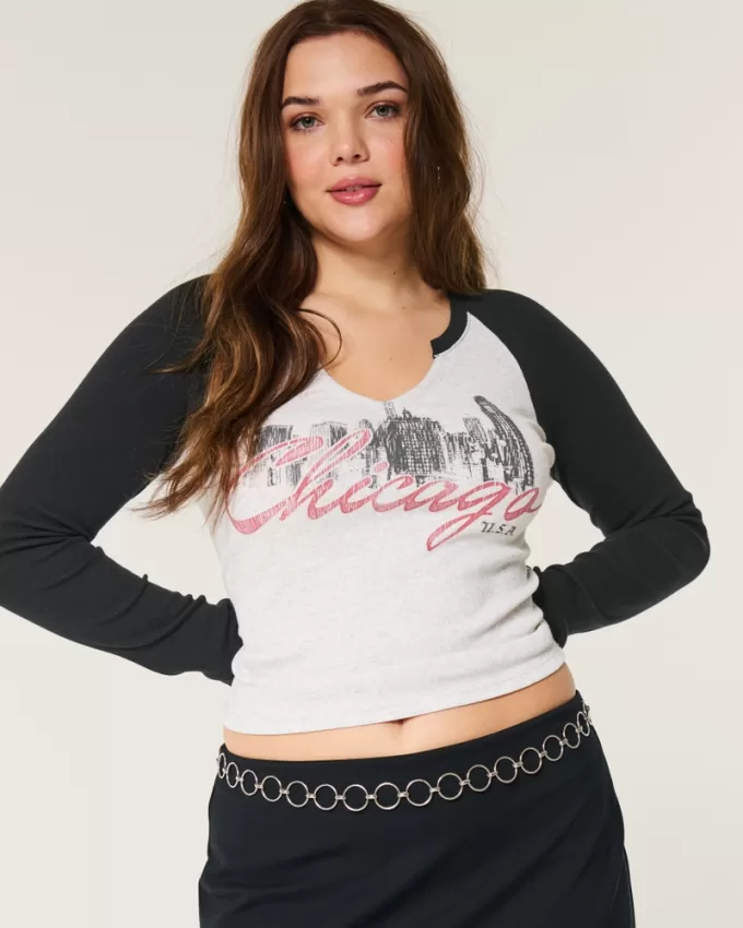 Long-Sleeve Chicago Graphic Notch-Neck Baby Tee,Long-Sleeve Chicago Graphic Notch-Neck Baby Tee