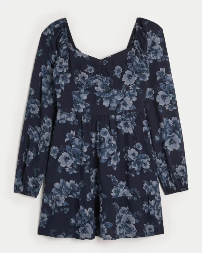 Long-Sleeve Cinch Bust Mini Dress,Long-Sleeve Cinch Bust Mini Dress