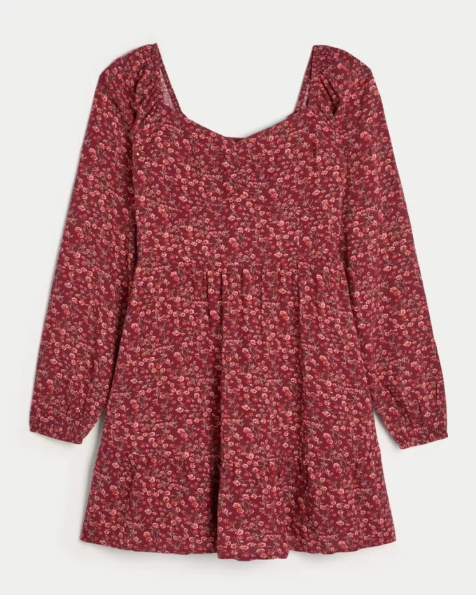 Long-Sleeve Cinch Bust Mini Dress,Long-Sleeve Cinch Bust Mini Dress