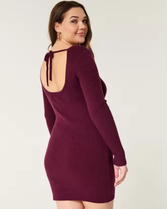 Long-Sleeve Cinch Bust Open-Back Sweater Dress,Long-Sleeve Cinch Bust Open-Back Sweater Dress