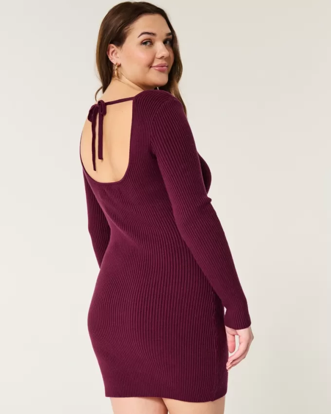 Long-Sleeve Cinch Bust Open-Back Sweater Dress,Long-Sleeve Cinch Bust Open-Back Sweater Dress