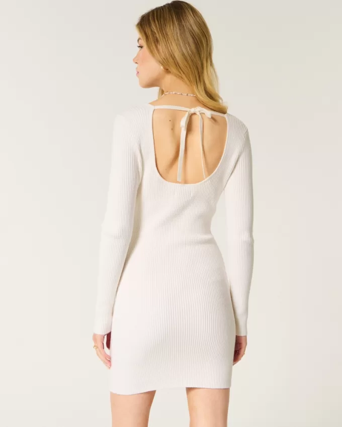 Long-Sleeve Cinch Bust Open-Back Sweater Dress,Long-Sleeve Cinch Bust Open-Back Sweater Dress