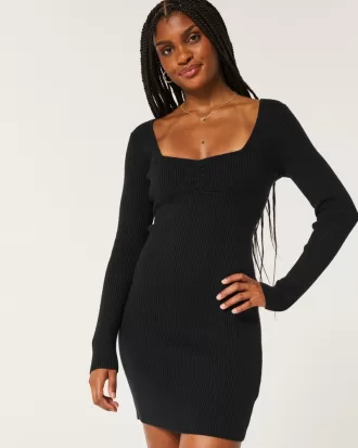 Long-Sleeve Cinch Bust Open-Back Sweater Dress,Long-Sleeve Cinch Bust Open-Back Sweater Dress