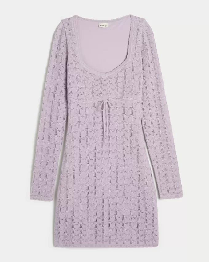 Long-Sleeve Crochet-Style Mini Dress,Long-Sleeve Crochet-Style Mini Dress