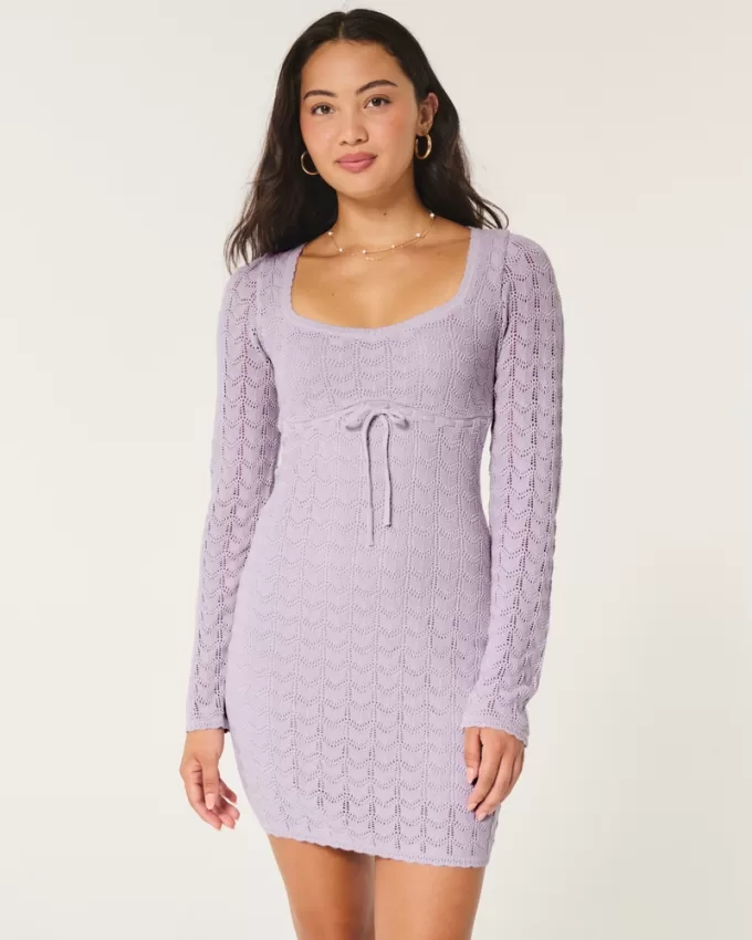 Long-Sleeve Crochet-Style Mini Dress,Long-Sleeve Crochet-Style Mini Dress