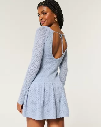 Long-Sleeve Crochet-Style Mini Skater Dress,Long-Sleeve Crochet-Style Mini Skater Dress