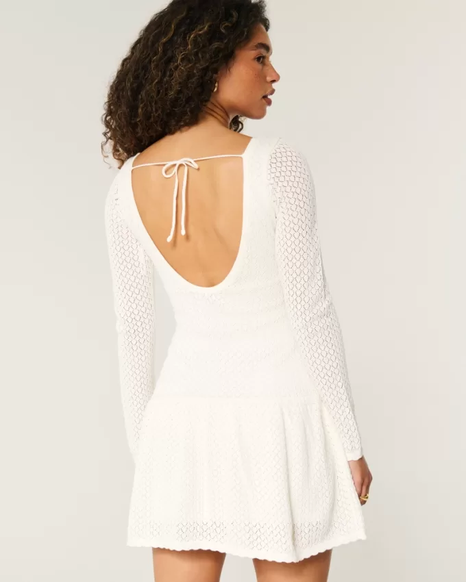 Long-Sleeve Crochet-Style Mini Skater Dress,Long-Sleeve Crochet-Style Mini Skater Dress