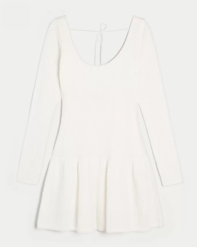 Long-Sleeve Crochet-Style Mini Skater Dress,Long-Sleeve Crochet-Style Mini Skater Dress