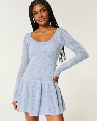Long-Sleeve Crochet-Style Mini Skater Dress,Long-Sleeve Crochet-Style Mini Skater Dress