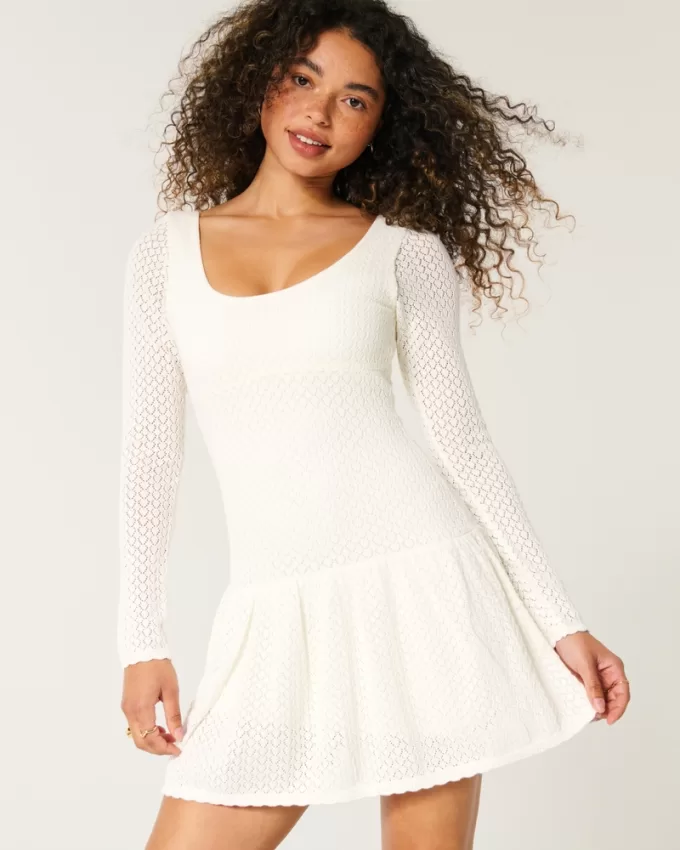 Long-Sleeve Crochet-Style Mini Skater Dress,Long-Sleeve Crochet-Style Mini Skater Dress