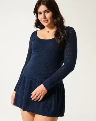 Long-Sleeve Drop-Waist Crochet-Style Mini Skater Dress,Long-Sleeve Drop-Waist Crochet-Style Mini Skater Dress