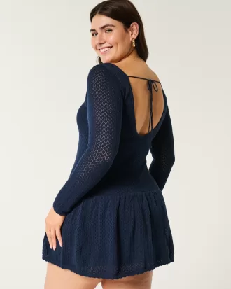 Long-Sleeve Drop-Waist Crochet-Style Mini Skater Dress,Long-Sleeve Drop-Waist Crochet-Style Mini Skater Dress