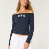 Long-Sleeve Off-the-Shoulder USA Graphic Baby Tee,Long-Sleeve Off-the-Shoulder USA Graphic Baby Tee
