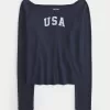 Long-Sleeve Off-the-Shoulder USA Graphic Baby Tee,Long-Sleeve Off-the-Shoulder USA Graphic Baby Tee