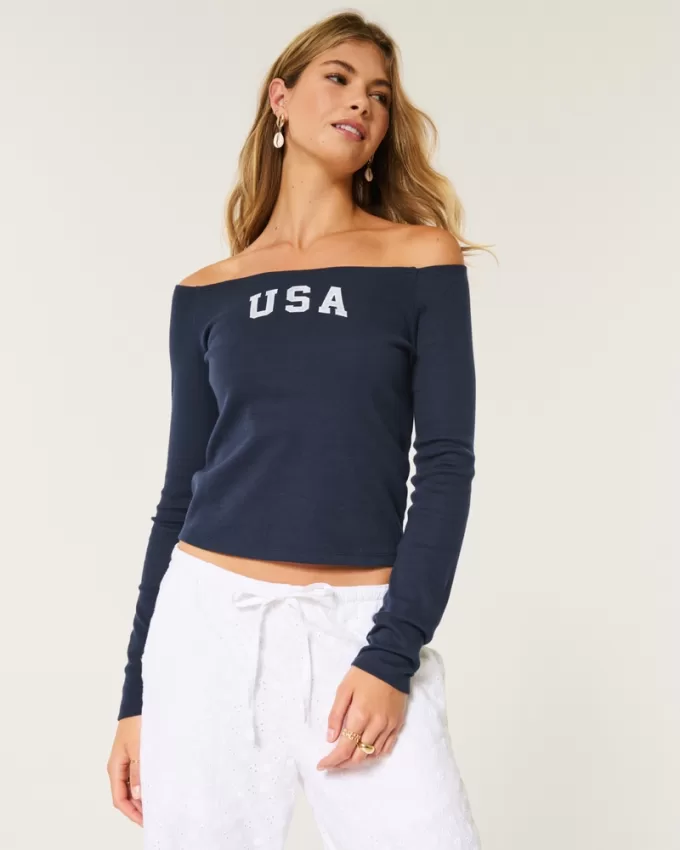 Long-Sleeve Off-the-Shoulder USA Graphic Baby Tee,Long-Sleeve Off-the-Shoulder USA Graphic Baby Tee