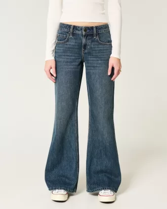 Low-Rise Dark Wash Baggy Flare Jeans,Low-Rise Dark Wash Baggy Flare Jeans