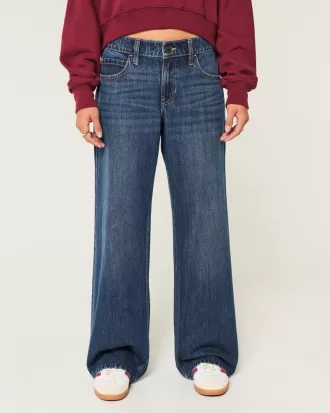 Low-Rise Dark Wash Comfort Waistband Baggy Jeans,Low-Rise Dark Wash Comfort Waistband Baggy Jeans