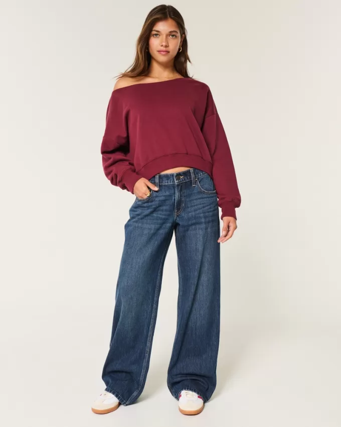 Low-Rise Dark Wash Comfort Waistband Baggy Jeans,Low-Rise Dark Wash Comfort Waistband Baggy Jeans
