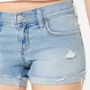 Low-Rise Distressed Light Wash Denim Shorts,Low-Rise Distressed Light Wash Denim Shorts