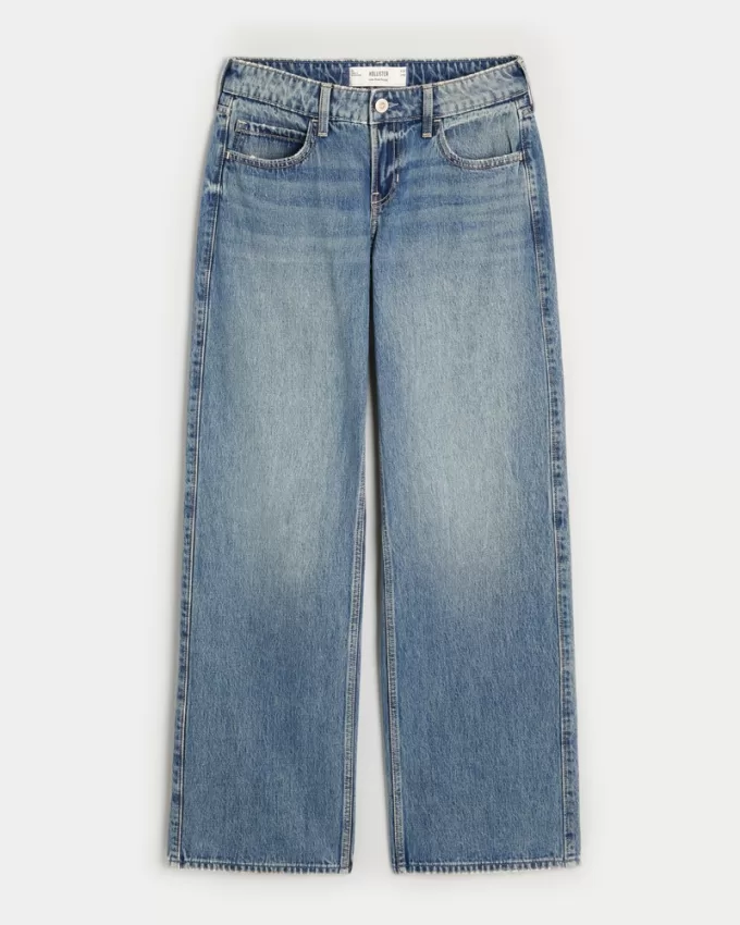 Low-Rise Floral Embroidered Medium Wash Baggy Jeans,Low-Rise Floral Embroidered Medium Wash Baggy Jeans