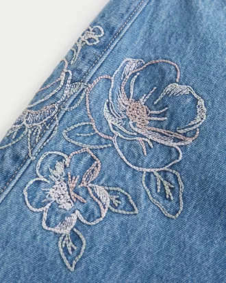 Low-Rise Floral Embroidered Medium Wash Super Baggy Jeans,Low-Rise Floral Embroidered Medium Wash Super Baggy Jeans