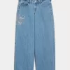 Low-Rise Floral Embroidered Medium Wash Super Baggy Jeans,Low-Rise Floral Embroidered Medium Wash Super Baggy Jeans